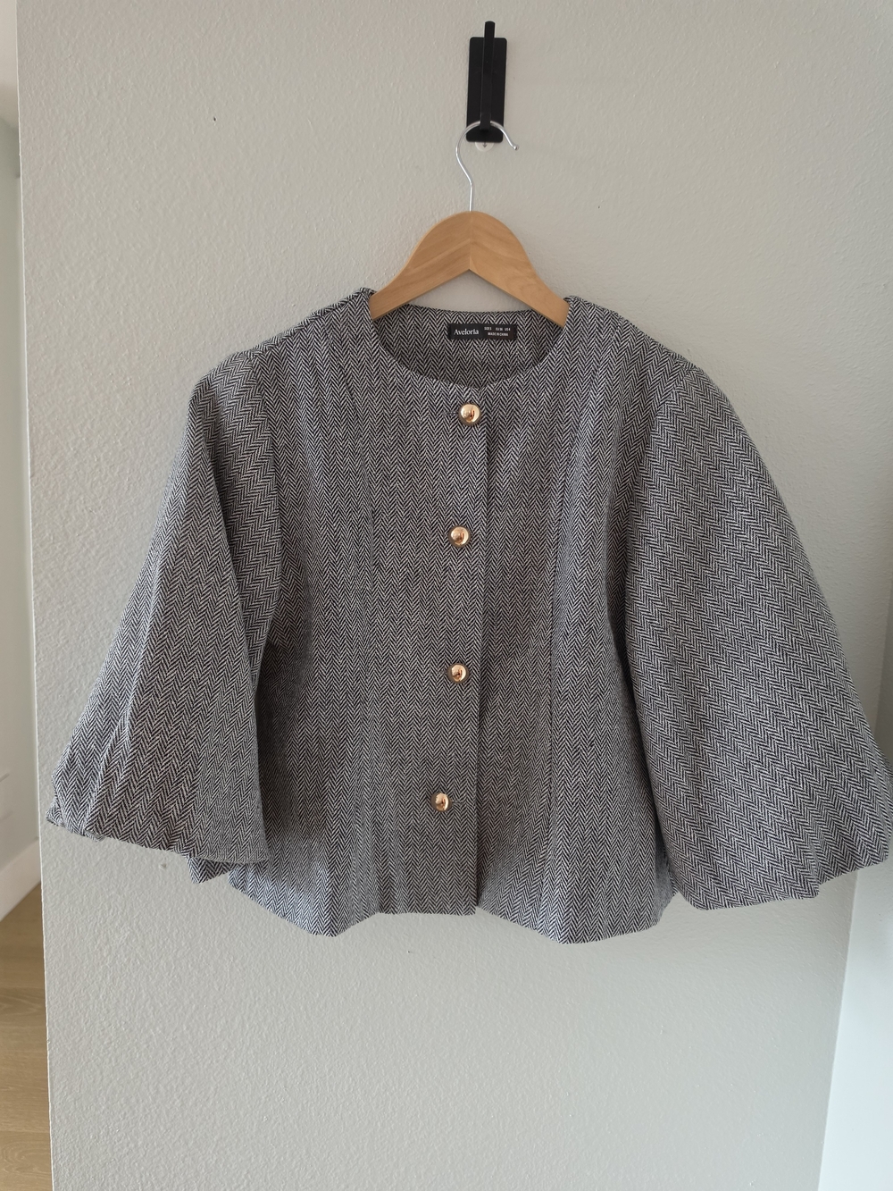 Cropped Herringbone Jacket with Gold Buttons